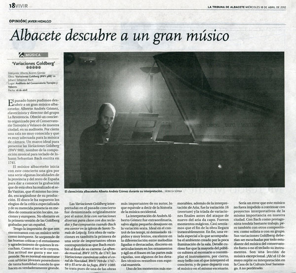 Crítica del periódico La Tribuna. Alberto Andrés Gómez. Variaciones Goldberg Crítica del periódico La Tribuna. Alberto Andrés Gómez. Variaciones Goldberg